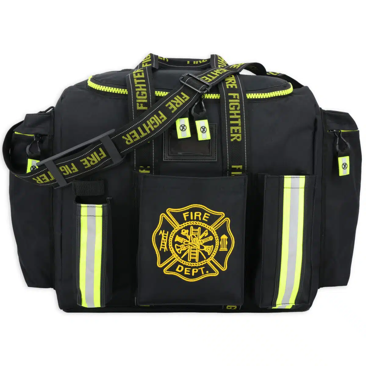 black firefighter gear bag with front pockets & reflective