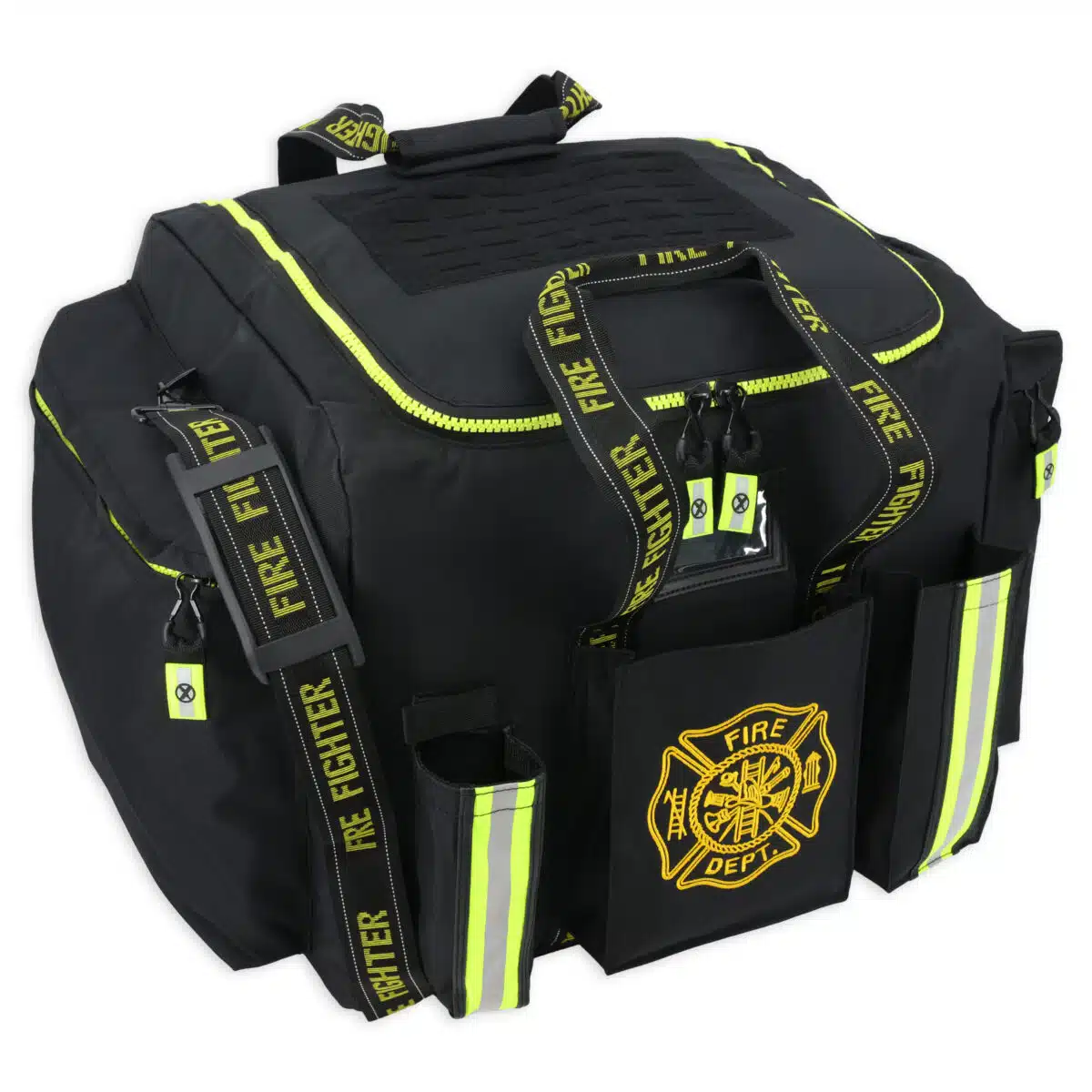 black firefighter gear bag with front pockets & reflective