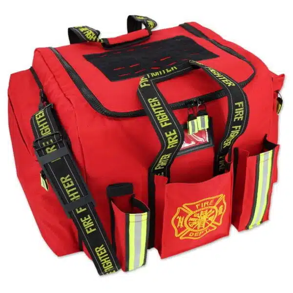 red padded turnout gear bag with front pockets & reflective