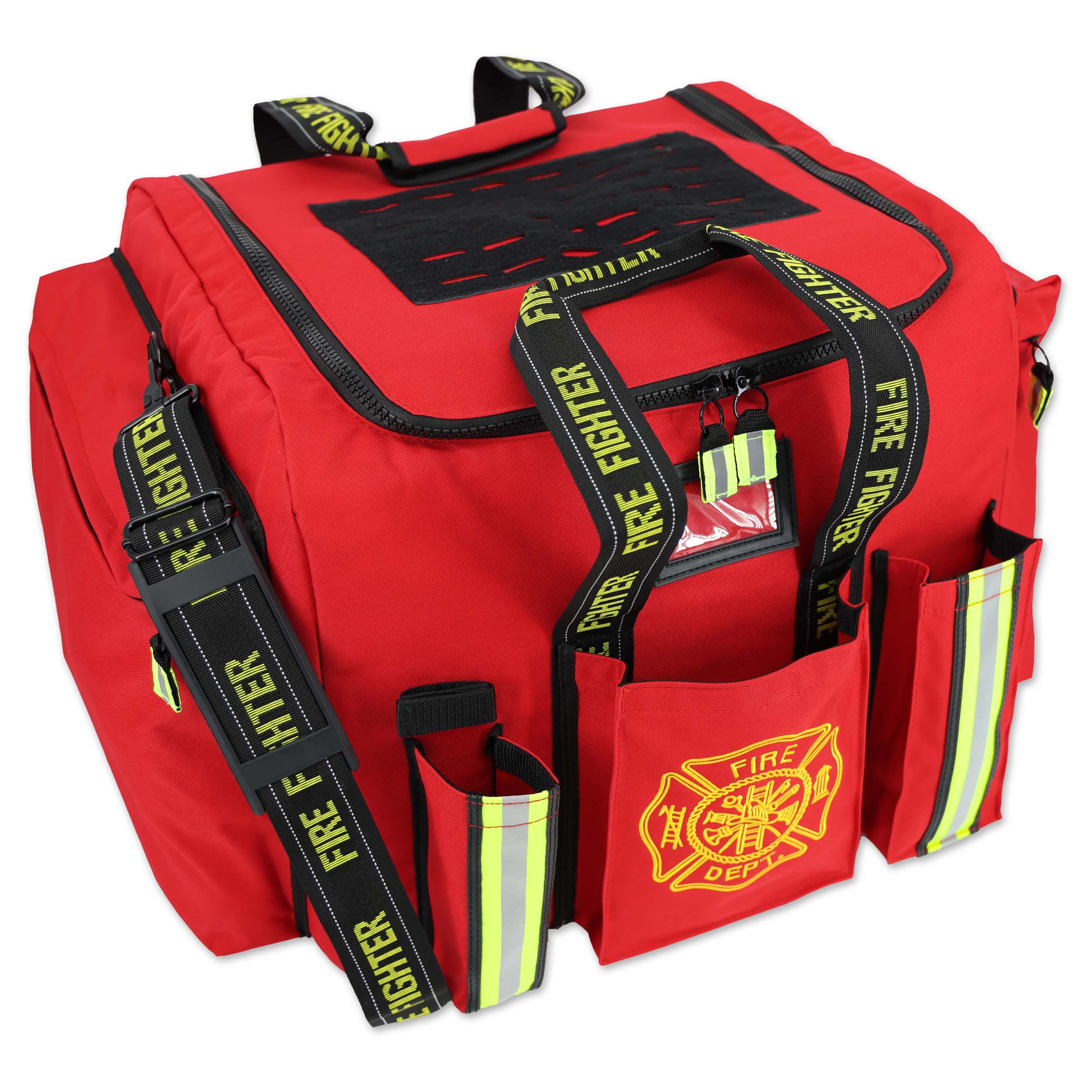 LXFB20R_ANGLE red padded turnout gear bag with front pockets & reflective