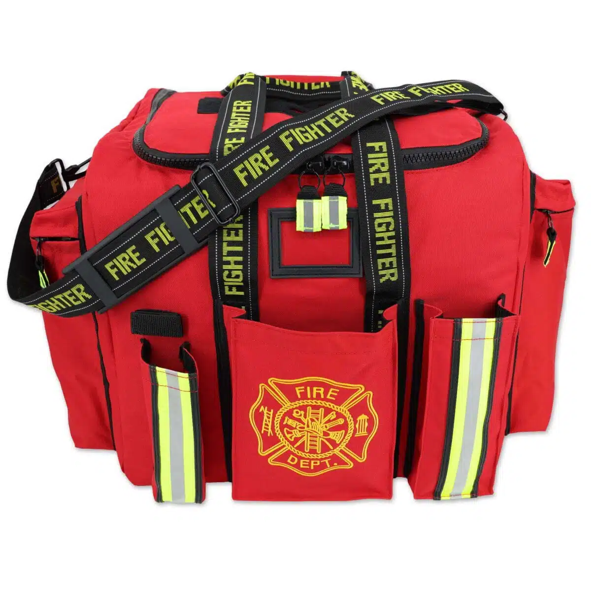 red padded turnout gear bag with front pockets & reflective