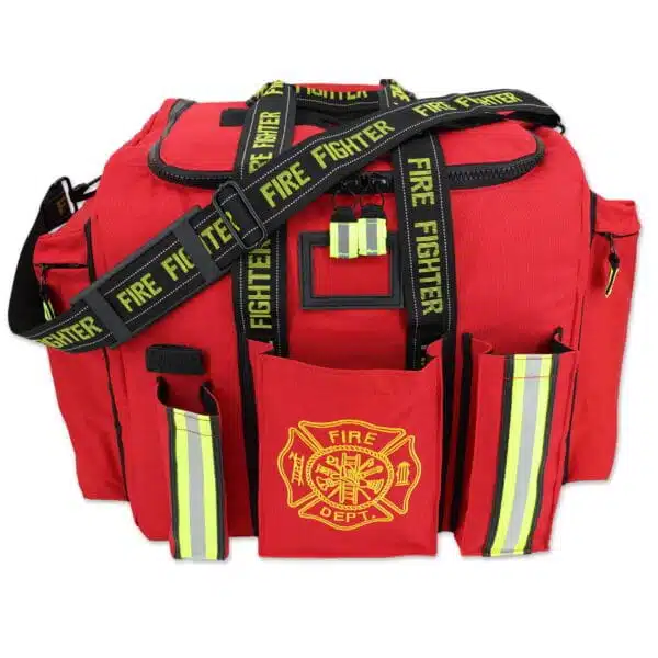 red padded turnout gear bag with front pockets & reflective