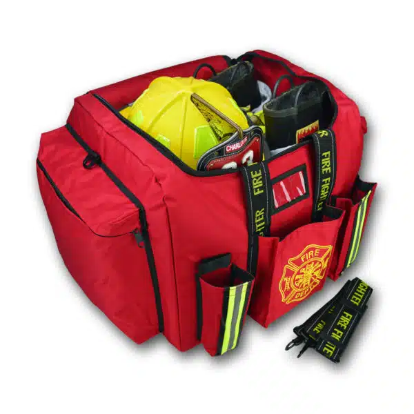 Lightning X LXFB20 premium firefighter step-in turnout gear bag holds full bunker gear boots and tools, with reflective trim, padded strap, reinforced bottom, and front ops pockets