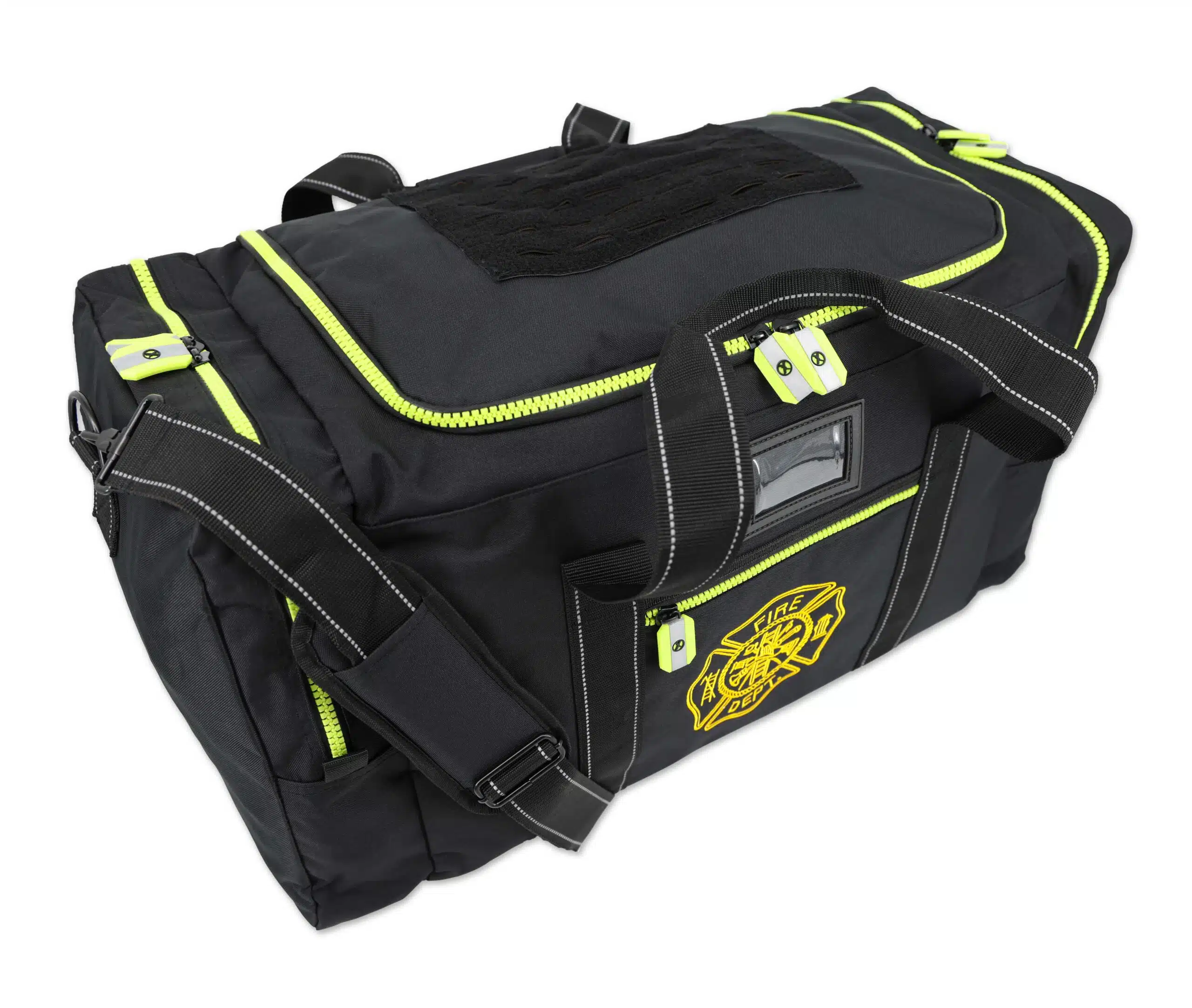 Angled view of a black firefighter turnout gear duffel with fluorescent yellow zippers, reflective trim and a shoulder strap.