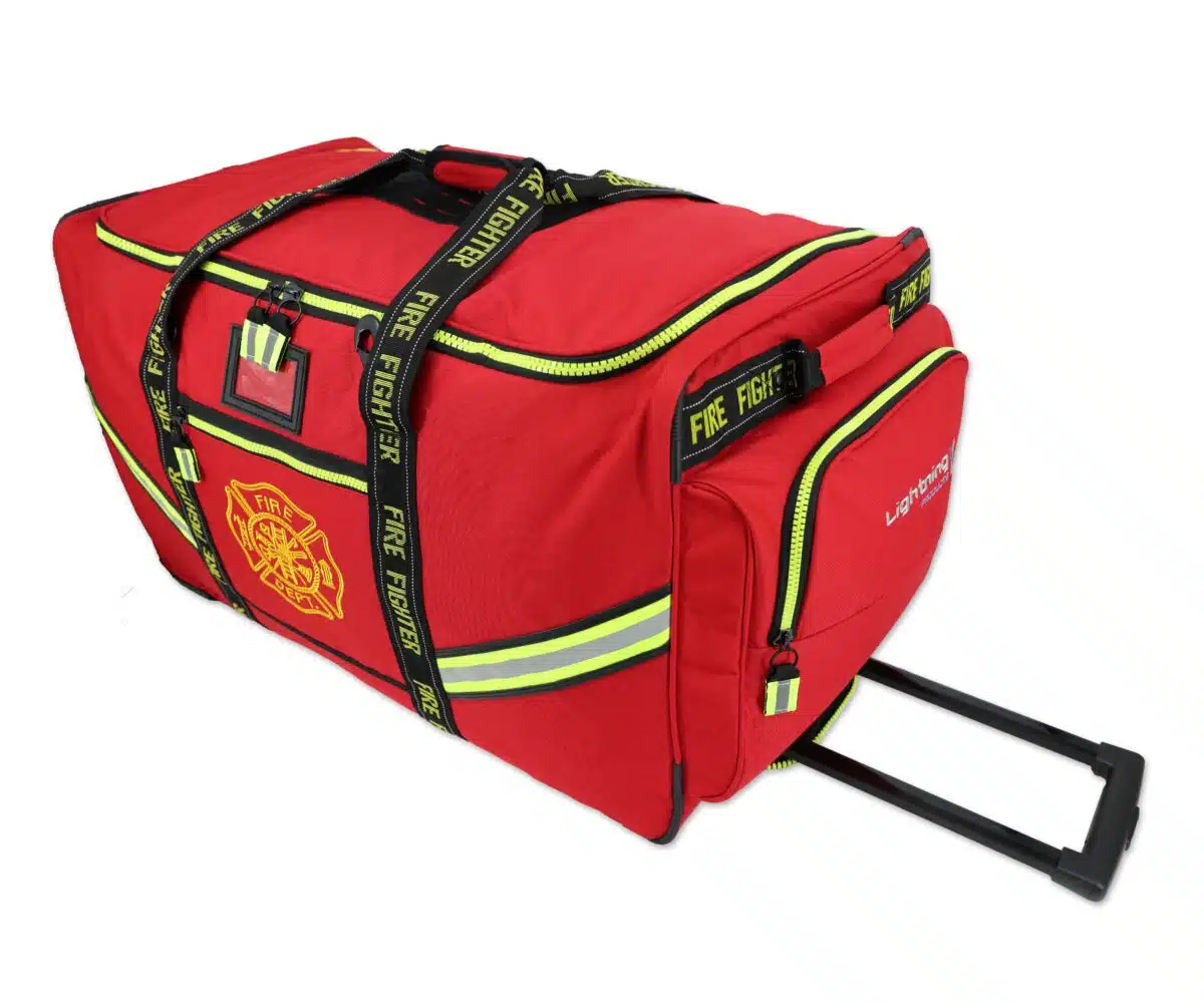 lightning x lxfb60 premium rolling firefighter turnout gear bag with wheels and retractable luggage handle black or red fluorescent reflective