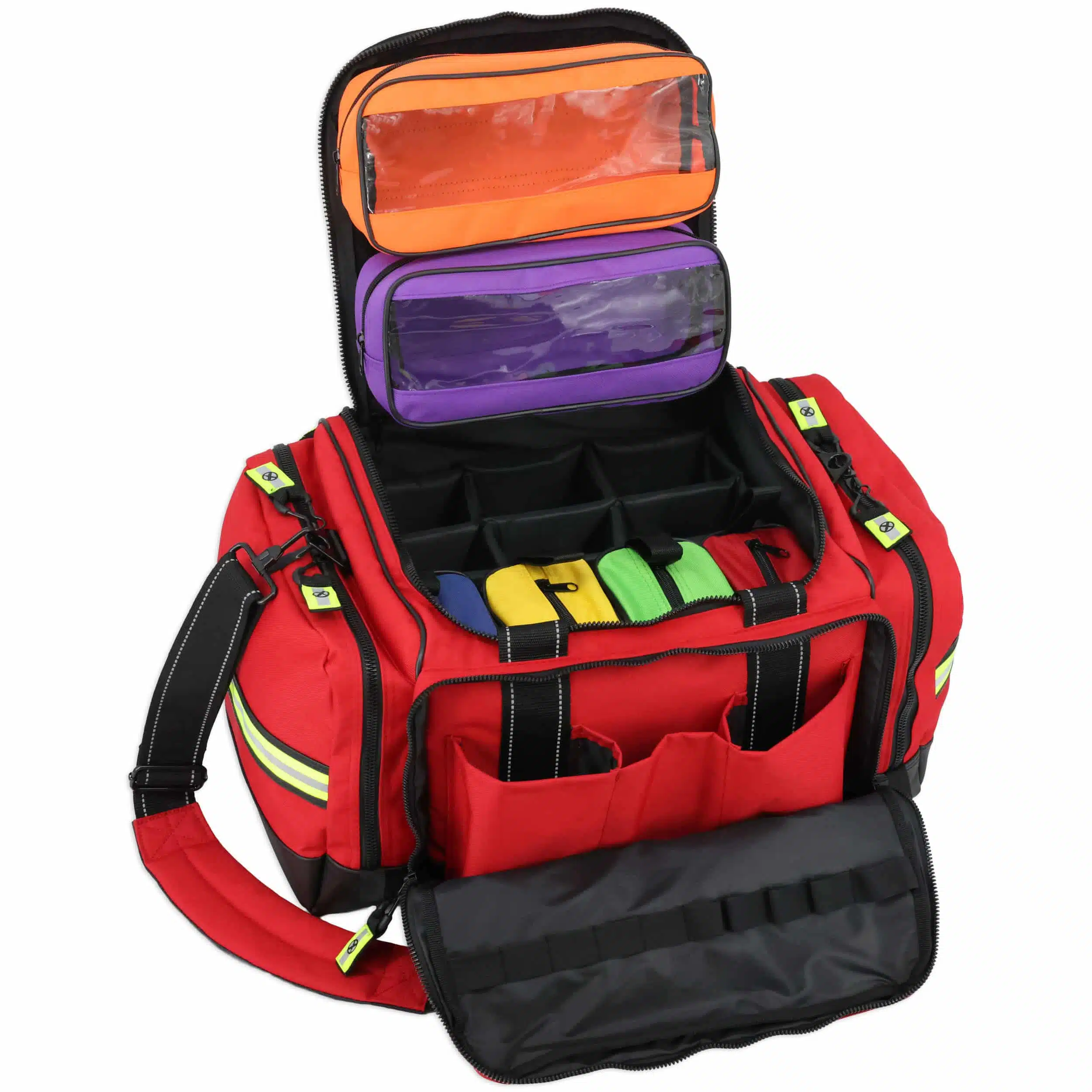 Open red trauma bag at an angle with orange and purple lid pouches and color-coded dividers