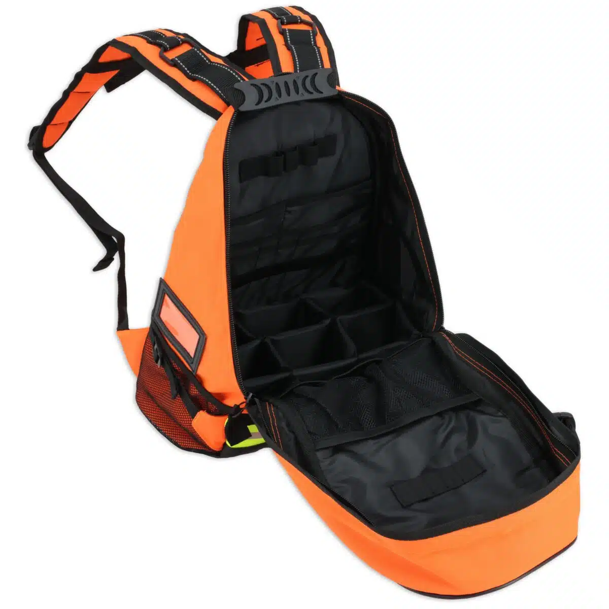 Orange EMT backpack opened showing pockets, loops and dividers