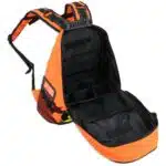 Orange EMT backpack opened showing pockets, loops and dividers