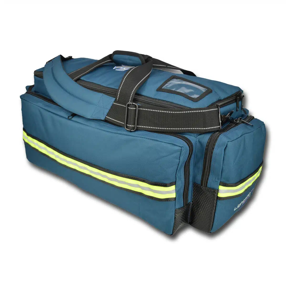 Steel-blue oxygen trauma duffel with padded handle and reflective stripe