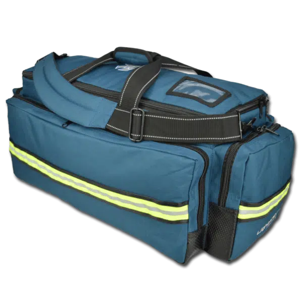 Steel-blue oxygen trauma duffel with padded handle and reflective stripe
