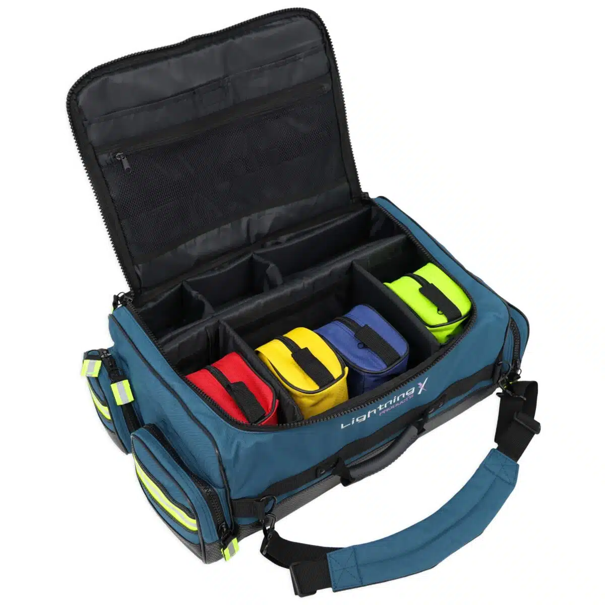 Lightning X LXMB65 Durable modular EMS trauma medical bag with oxygen cylinder access, customizable interior, reflective safety trim, and heavy-duty nylon construction for first responders and emts available in red, orange and blue