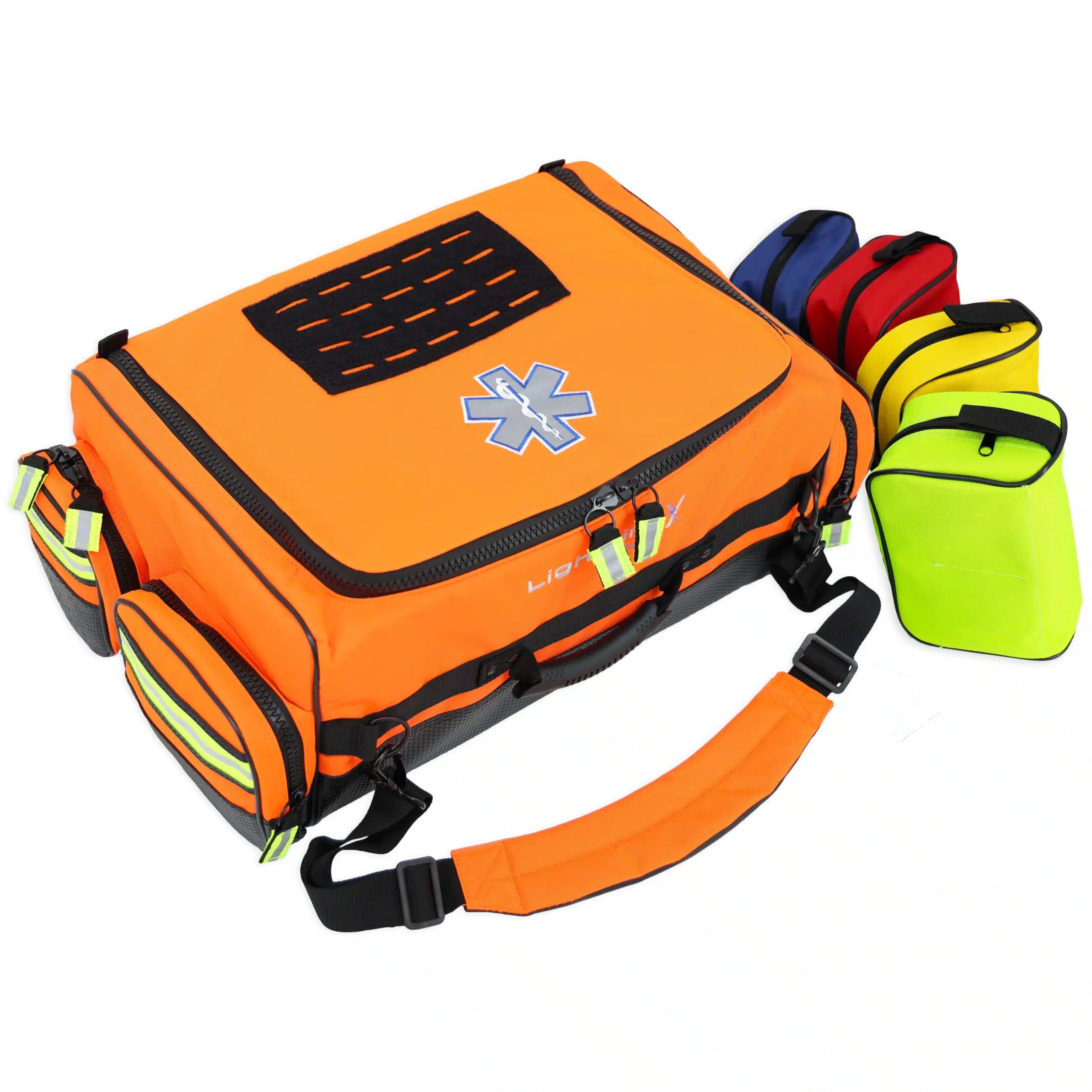 Angled top view of orange medical bag with 4 multi-colored pouches arranged beside it