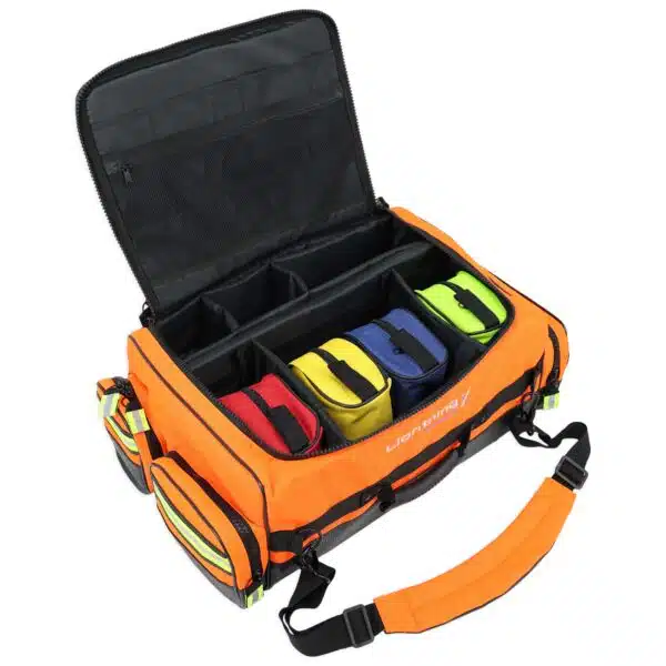 Lightning X LXMB65 Durable modular EMS trauma medical bag with oxygen cylinder access, customizable interior, reflective safety trim, and heavy-duty nylon construction for first responders and emts available in red, orange and blue