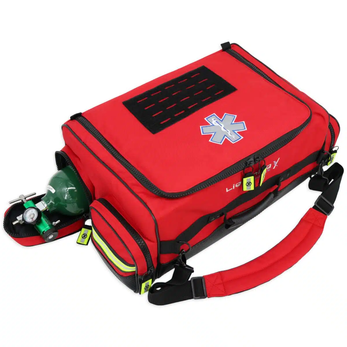 Lightning X LXMB65 Durable modular EMS trauma medical bag with oxygen cylinder access, customizable interior, reflective safety trim, and heavy-duty nylon construction for first responders and emts available in red, orange and blue