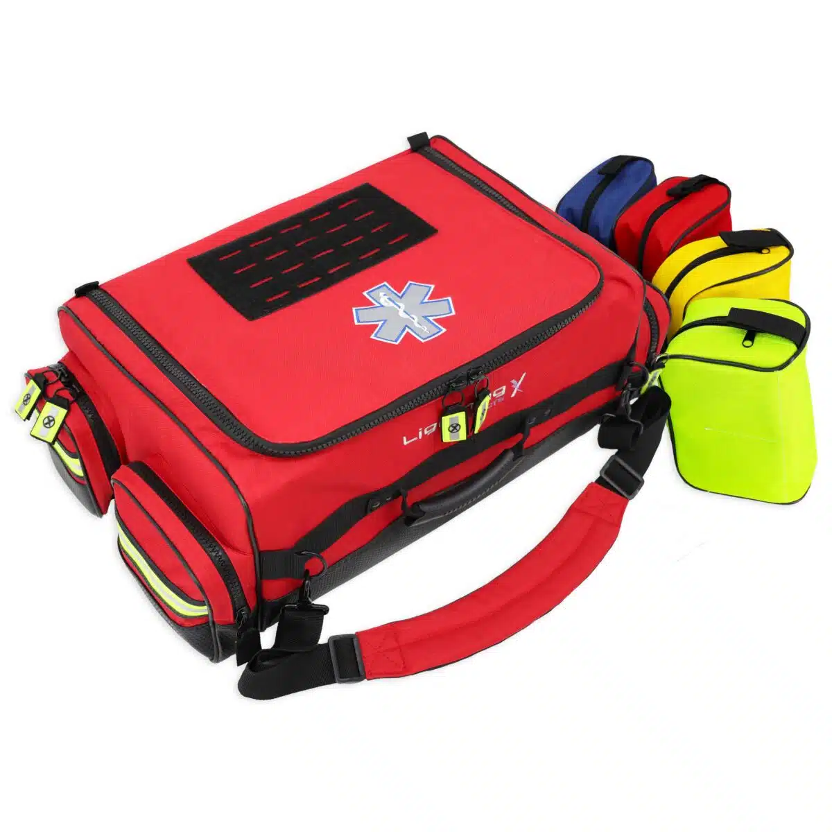 Lightning X LXMB65 Durable modular EMS trauma medical bag with oxygen cylinder access, customizable interior, reflective safety trim, and heavy-duty nylon construction for first responders and emts available in red, orange and blue