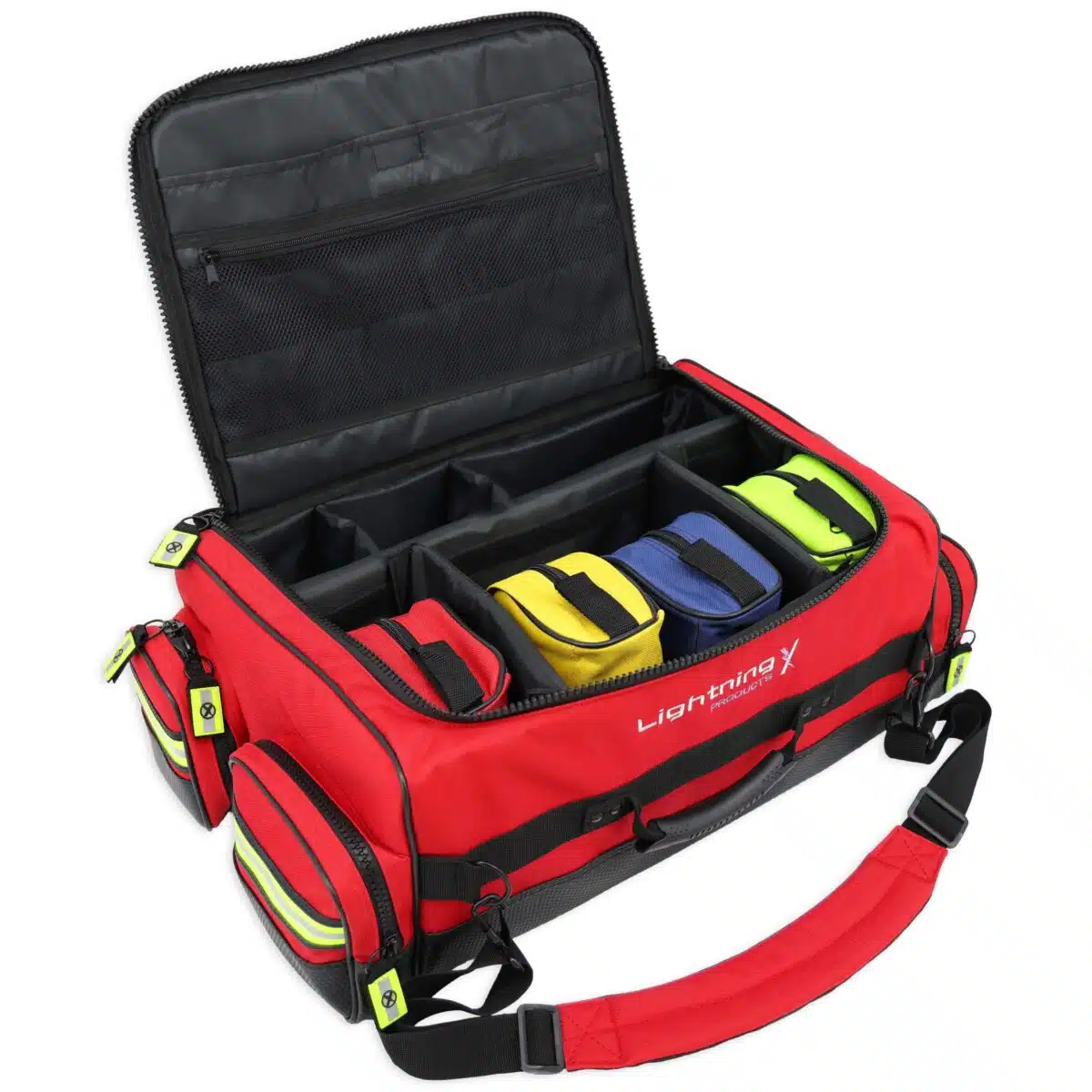 Lightning X LXMB65 Durable modular EMS trauma medical bag with oxygen cylinder access, customizable interior, reflective safety trim, and heavy-duty nylon construction for first responders and emts available in red, orange and blue