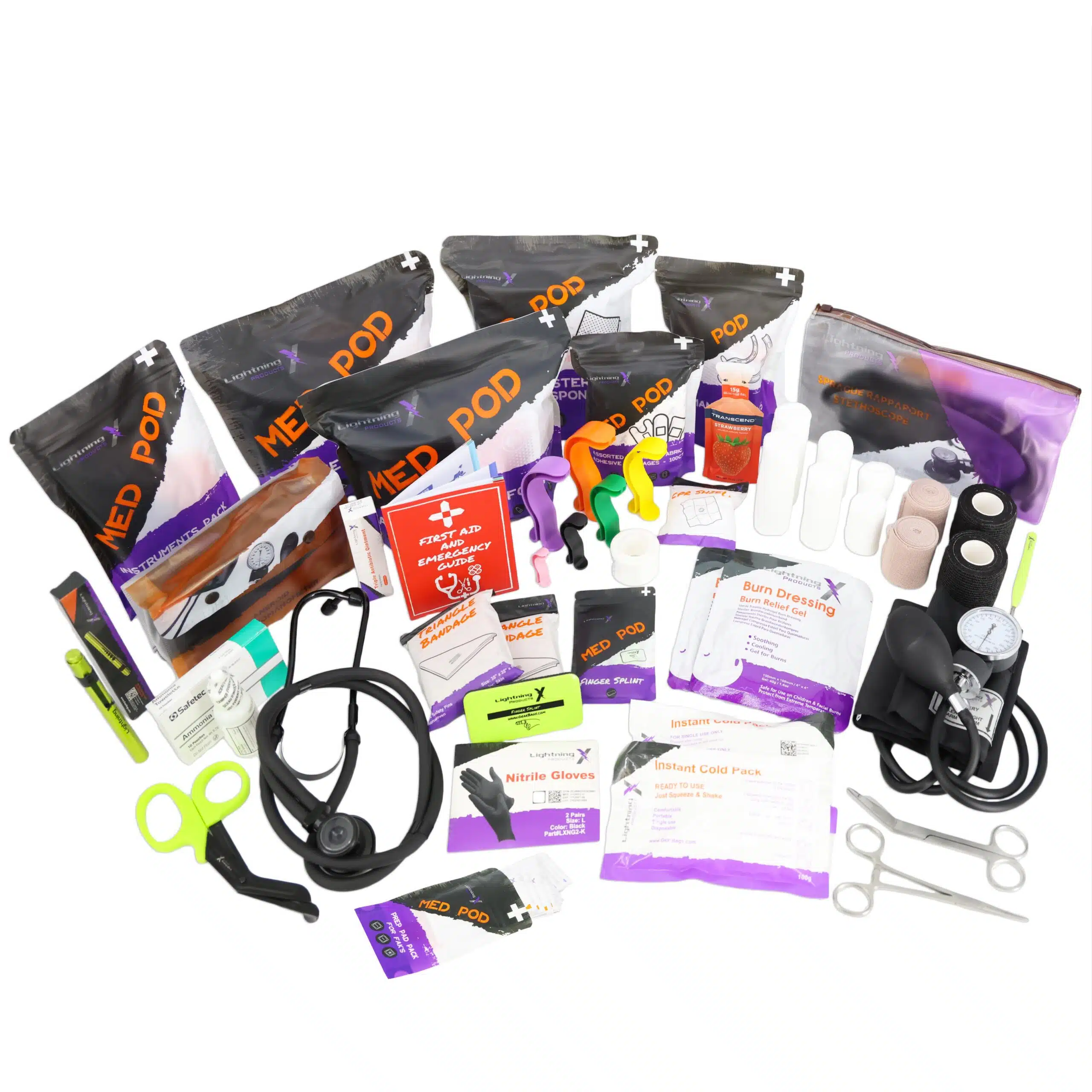 Flat-laid medical kit contents with Med Pod packs, shears, stethoscope, BP cuff, dressings and bandages