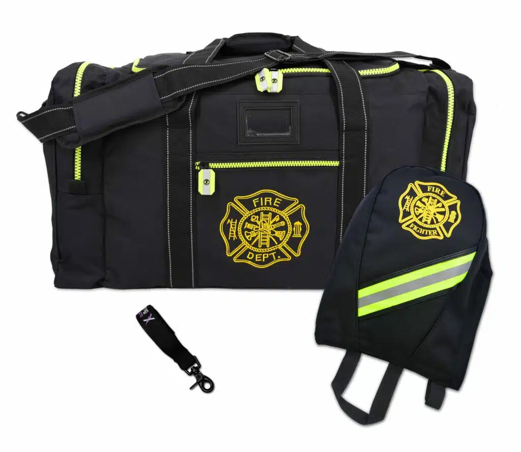 Black turnout gear duffel with gold Fire Dept crest, fluorescent trim and helmet bag