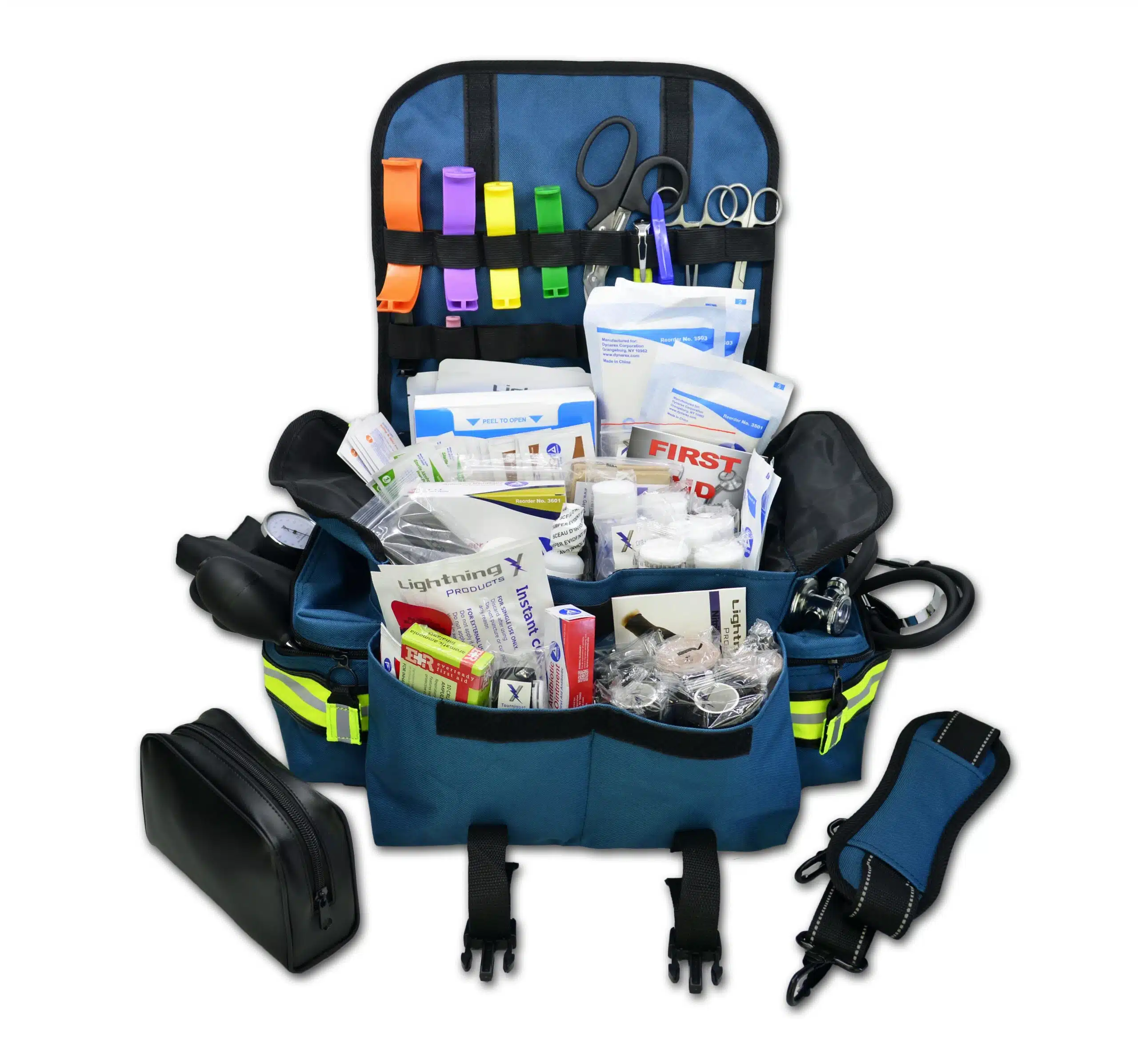 LXMB20B-SKB_2019 Small EMT first responder bag with reflective striping, padded shoulder strap, multiple zippered compartments, and stocked with basic first aid and trauma supplies including bandages, gauze, shears, gloves, and more. Compact and ideal for emergency medical use in vehicles, schools, or workplaces, available in red, black, blue, orange, fluorescent yellow, purple and pink