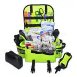 Small EMT first responder bag with reflective striping, padded shoulder strap, multiple zippered compartments, and stocked with basic first aid and trauma supplies including bandages, gauze, shears, gloves, and more. Compact and ideal for emergency medical use in vehicles, schools, or workplaces, available in red, black, blue, orange, fluorescent yellow, purple and pink