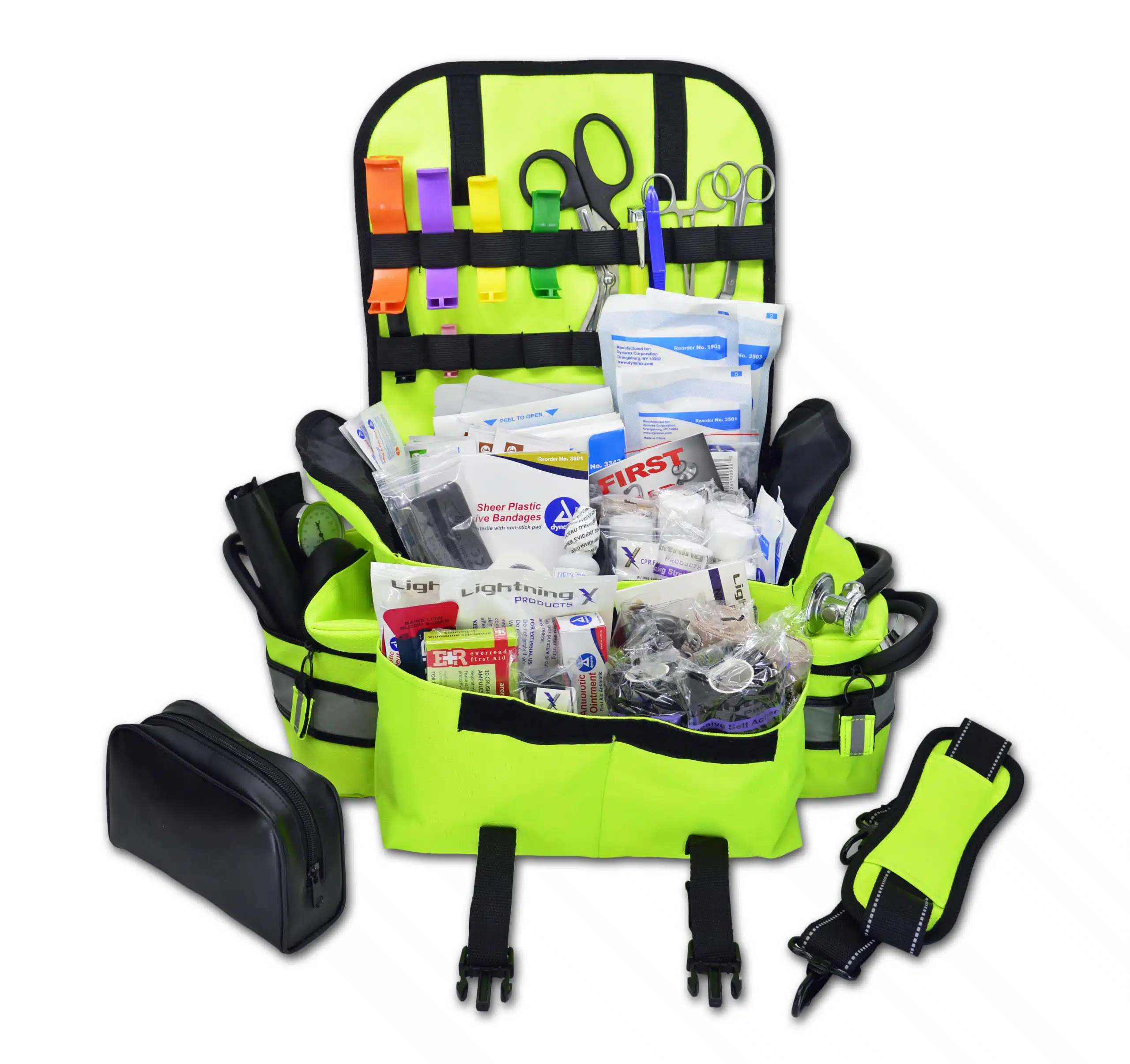 Small EMT first responder bag with reflective striping, padded shoulder strap, multiple zippered compartments, and
