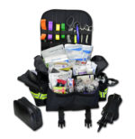 Small EMT first responder bag with reflective striping, padded shoulder strap, multiple zippered compartments, and stocked with basic first aid and trauma supplies including bandages, gauze, shears, gloves, and more. Compact and ideal for emergency medical use in vehicles, schools, or workplaces, available in red, black, blue, orange, fluorescent yellow, purple and pink