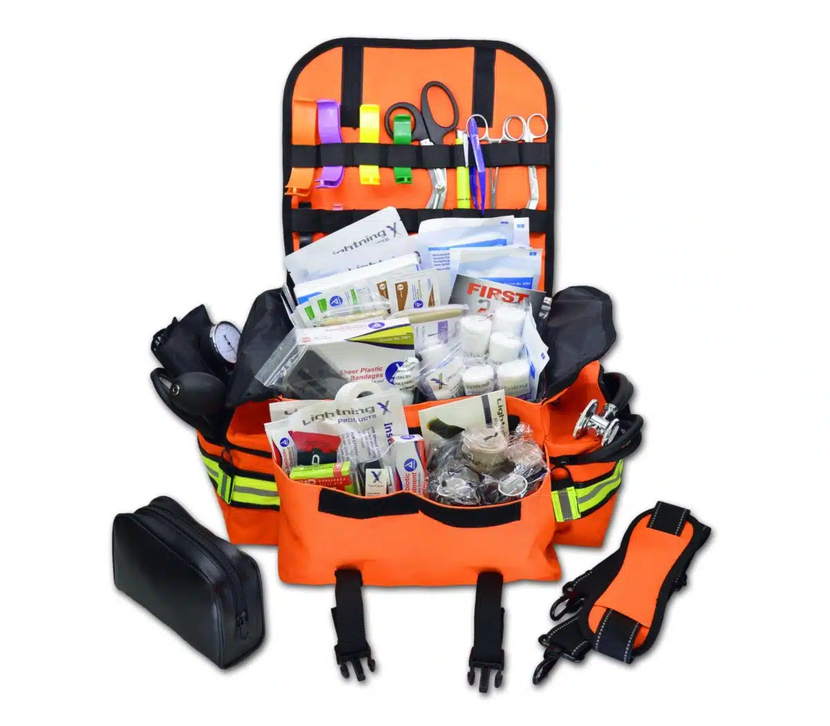 Small EMT first responder bag with reflective striping, padded shoulder strap, multiple zippered compartments, and stocked with basic first aid and trauma supplies including bandages, gauze, shears, gloves, and more. Compact and ideal for emergency medical use in vehicles, schools, or workplaces, available in red, black, blue, orange, fluorescent yellow, purple and pink