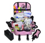 Small EMT first responder bag with reflective striping, padded shoulder strap, multiple zippered compartments, and stocked with basic first aid and trauma supplies including bandages, gauze, shears, gloves, and more. Compact and ideal for emergency medical use in vehicles, schools, or workplaces, available in red, black, blue, orange, fluorescent yellow, purple and pink