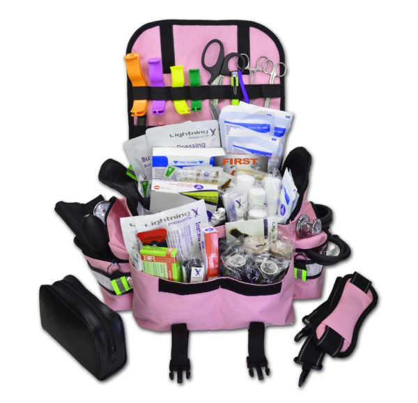 Small EMT first responder bag with reflective striping, padded shoulder strap, multiple zippered compartments, and stocked with basic first aid and trauma supplies including bandages, gauze, shears, gloves, and more. Compact and ideal for emergency medical use in vehicles, schools, or workplaces, available in red, black, blue, orange, fluorescent yellow, purple and pink