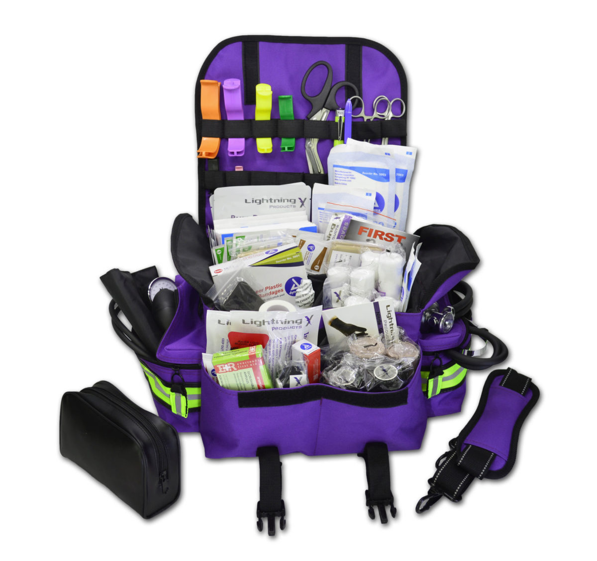 Small EMT first responder bag with reflective striping, padded shoulder strap, multiple zippered compartments, and stocked with basic first aid and trauma supplies including bandages, gauze, shears, gloves, and more. Compact and ideal for emergency medical use in vehicles, schools, or workplaces, available in red, black, blue, orange, fluorescent yellow, purple and pink