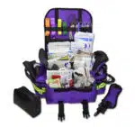 Small EMT first responder bag with reflective striping, padded shoulder strap, multiple zippered compartments, and stocked with basic first aid and trauma supplies including bandages, gauze, shears, gloves, and more. Compact and ideal for emergency medical use in vehicles, schools, or workplaces, available in red, black, blue, orange, fluorescent yellow, purple and pink