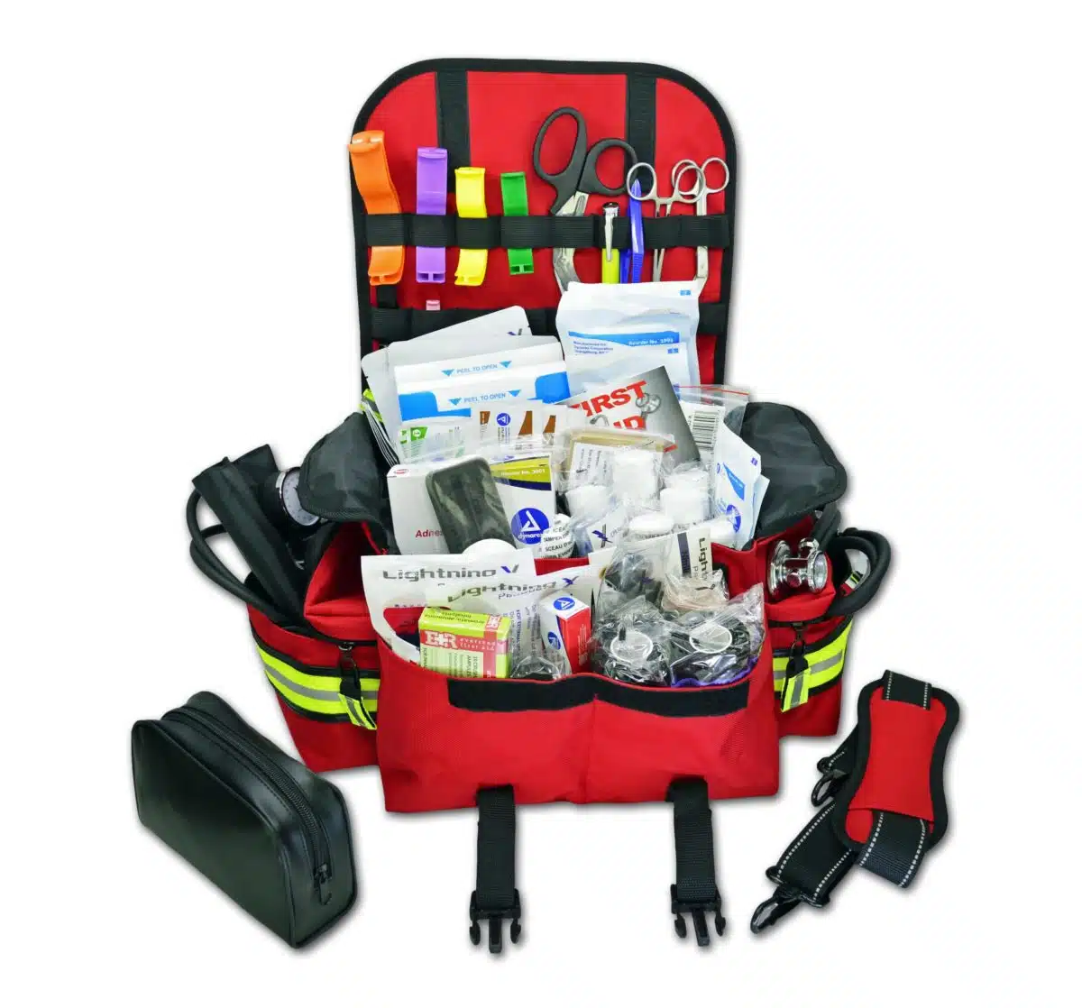 Small EMT first responder bag with reflective striping, padded shoulder strap, multiple zippered compartments, and stocked with basic first aid and trauma supplies including bandages, gauze, shears, gloves, and more. Compact and ideal for emergency medical use in vehicles, schools, or workplaces, available in red, black, blue, orange, fluorescent yellow, purple and pink
