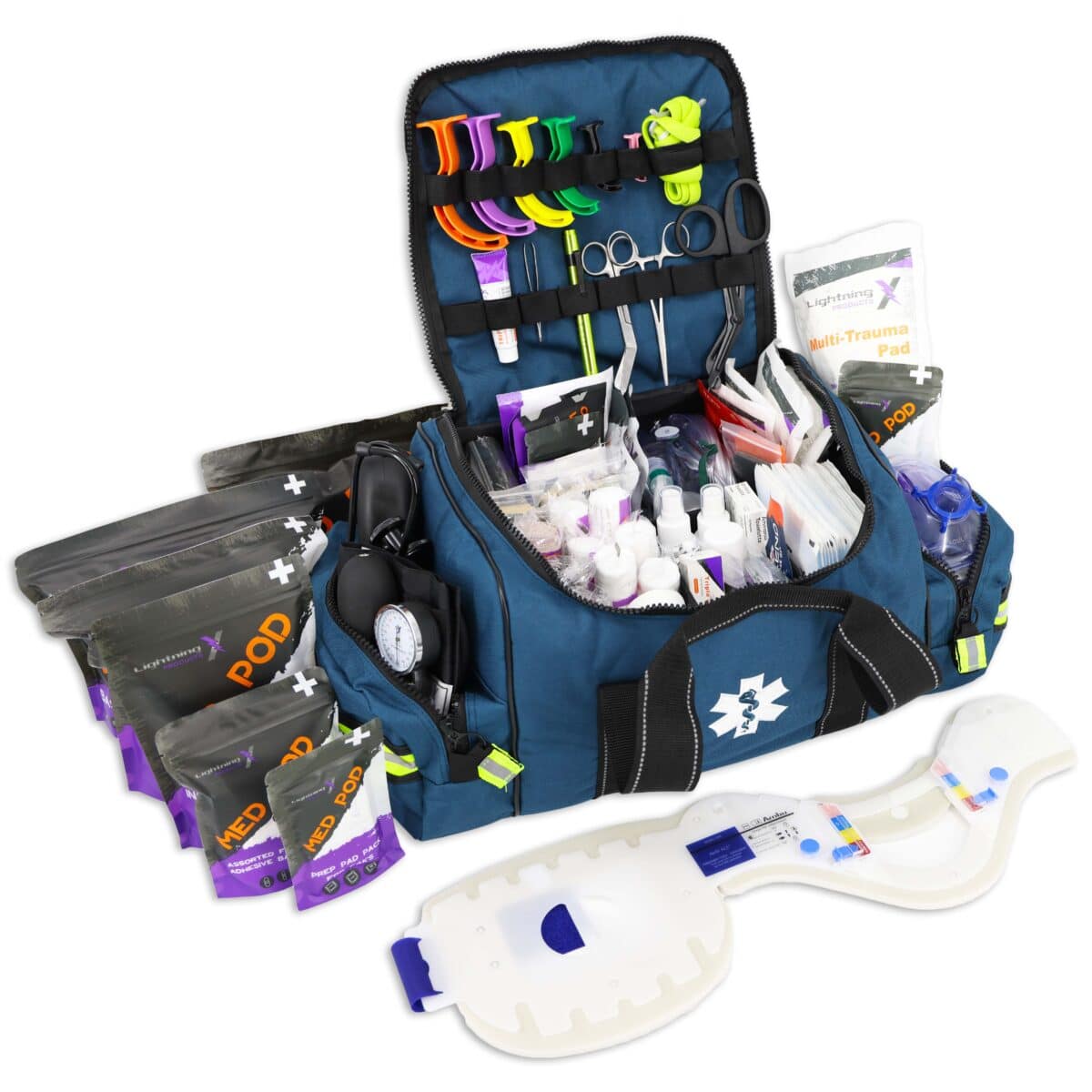 Lightning X MB30-SKC LXMB30 pre stocked professional ems emt medic first responder trauma medical first aid kit bag w/ med pods, chest seal, extrication collar, bandages, tourniquet, stethoscope and other supplies - available in red, black, orange, blue and purple