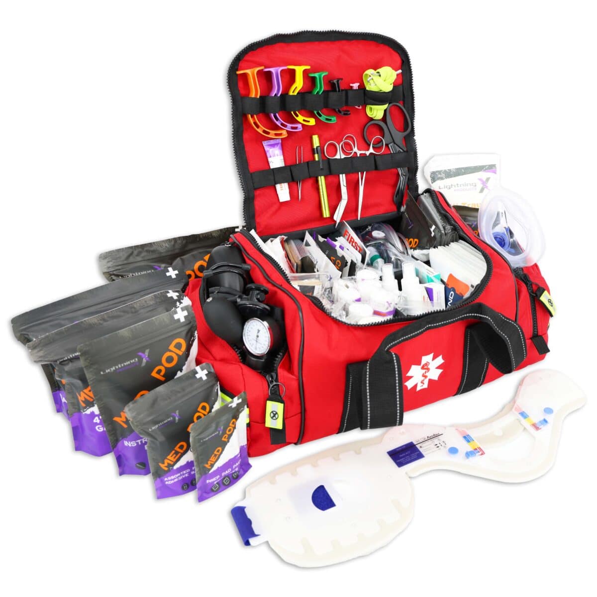 Lightning X MB30-SKC LXMB30 pre stocked professional ems emt medic first responder trauma medical first aid kit bag w/ med pods, chest seal, extrication collar, bandages, tourniquet, stethoscope and other supplies - available in red, black, orange, blue and purple