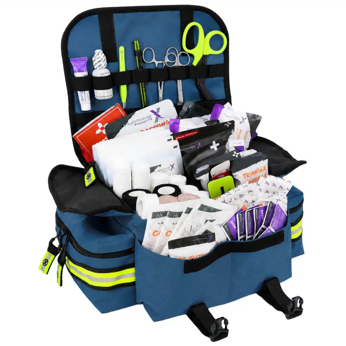 Navy blue Lightning X EMS trauma bag opened flat to show the organized, fully stocked medical supplies