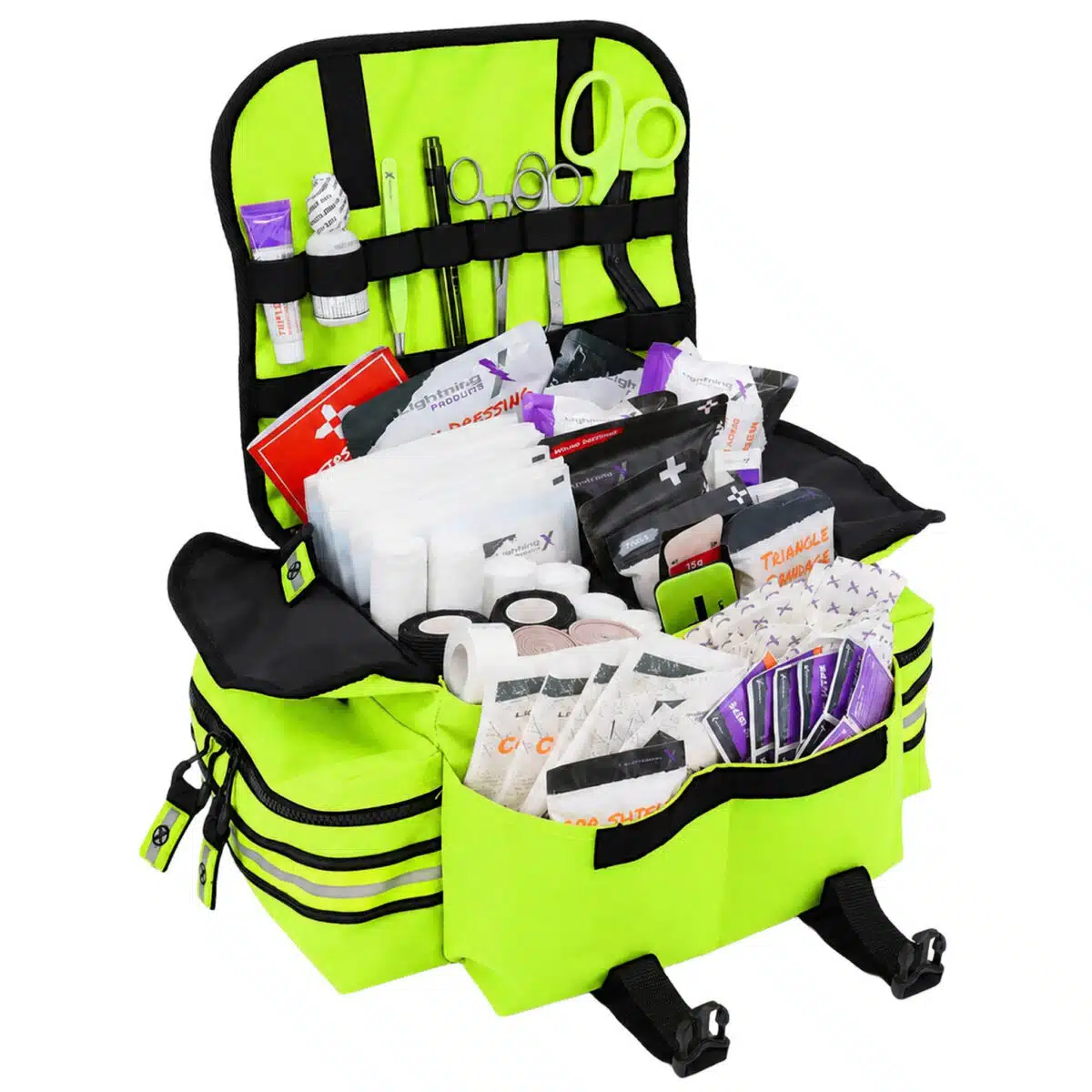 Hi-vis yellow Lightning X EMS trauma bag opened flat to show the organized, fully stocked medical supplies