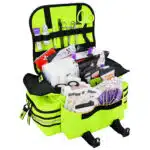 Hi-vis yellow Lightning X EMS trauma bag opened flat to show the organized, fully stocked medical supplies