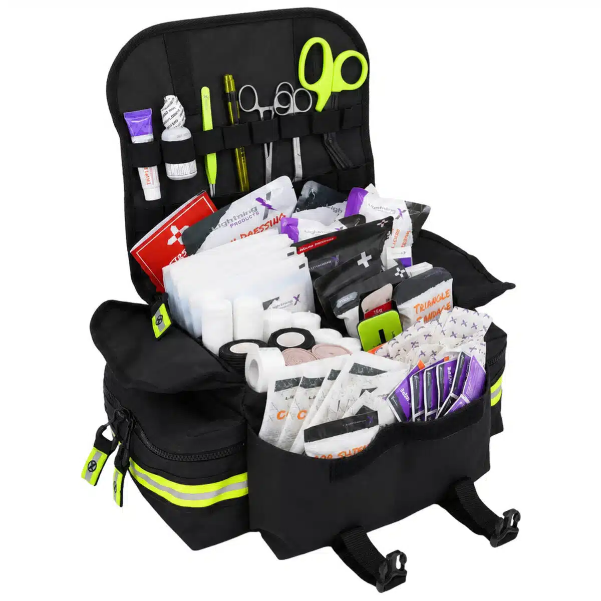 Black Lightning X EMS trauma bag opened flat to show the organized, fully stocked medical supplies