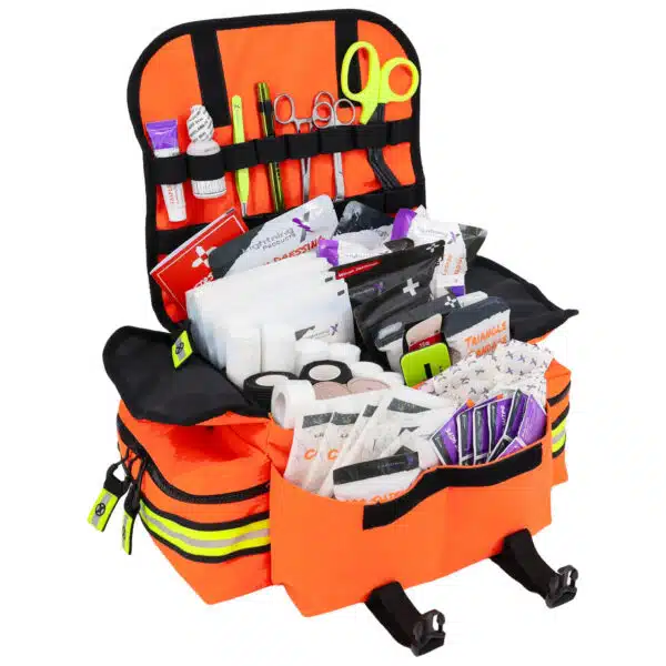Open orange EMS trauma bag showing a complete stocked kit of bandages and supplies