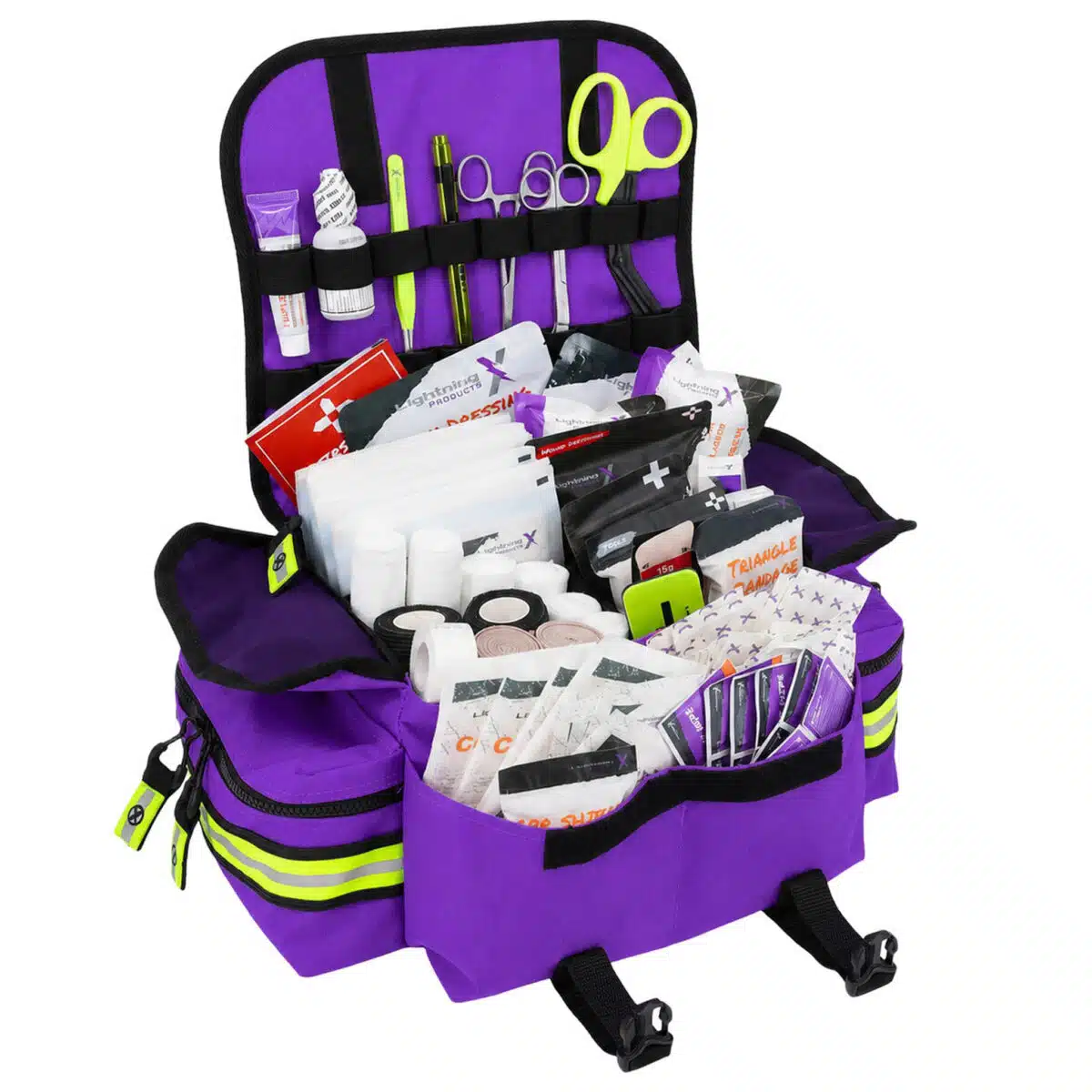 Purple Lightning X EMS trauma bag opened flat to show the organized, fully stocked medical supplies