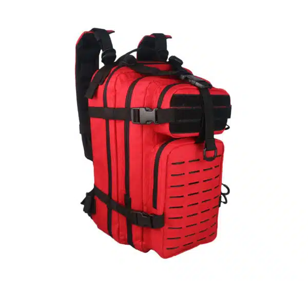 Red tactical MOLLE backpack, front three-quarter view