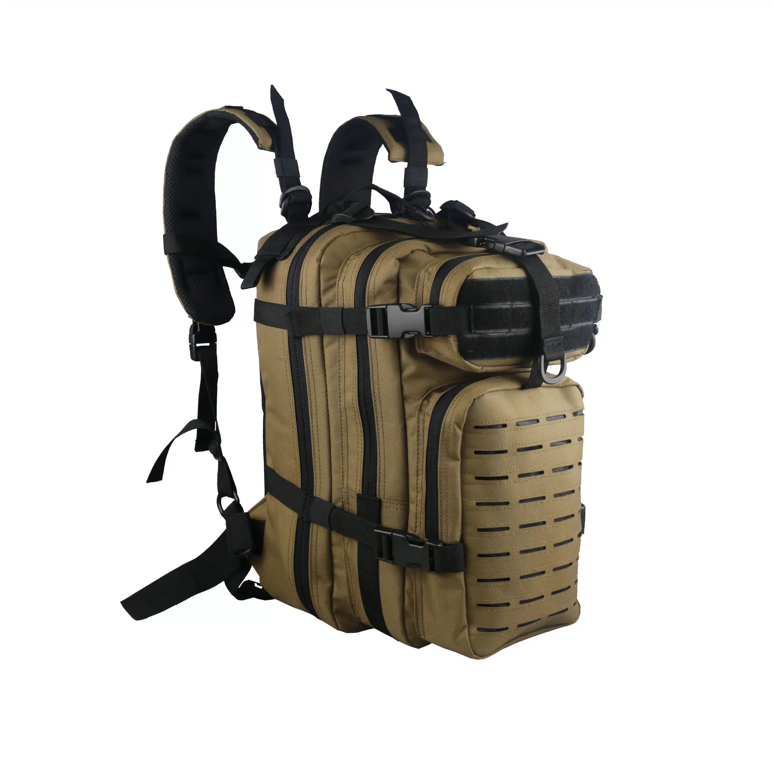 Tan tactical MOLLE backpack, front three-quarter view
