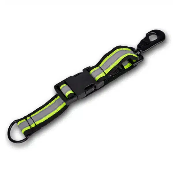 Black reflective glove strap holder with buckle and metal clip