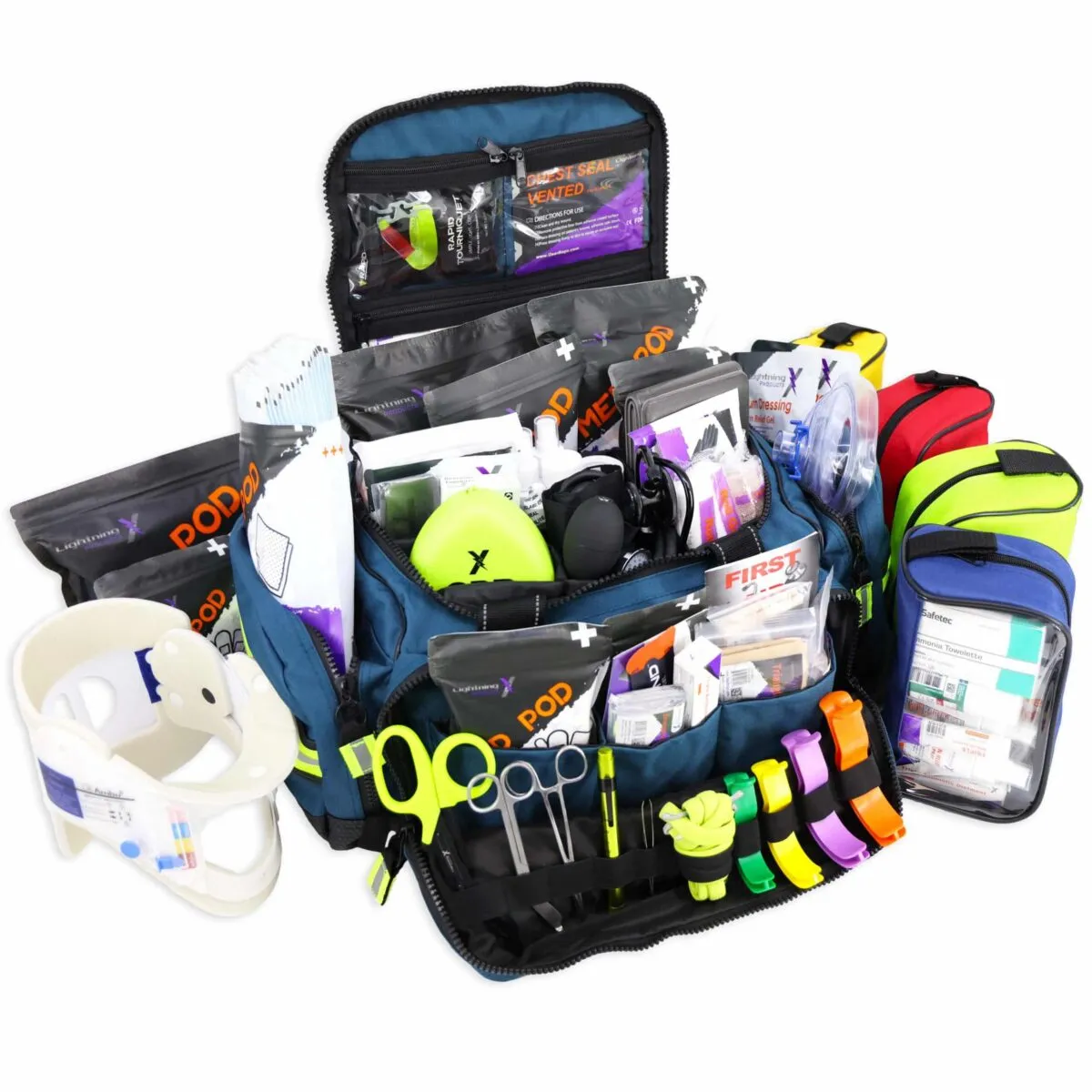 Open blue trauma kit with 6 accessory pouches stocked with professional emt supplies