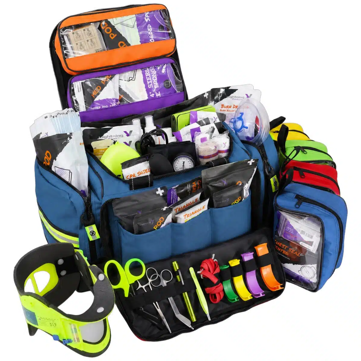 Open blue trauma kit with 6 accessory pouches stocked with professional emt supplies