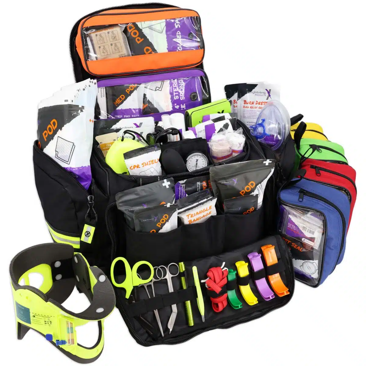 Open black trauma kit with 6 accessory pouches stocked with professional emt supplies