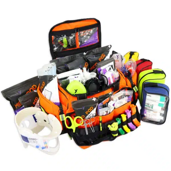 Lightning X MB35-SKC LXMB35 pre stocked professional ems emt medic first responder trauma medical first aid kit bag w/ med pods, chest seal, extrication collar, bandages, tourniquet, stethoscope and other supplies - available in red, black, orange, blue