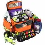Open orange trauma kit with 6 accessory pouches stocked with professional emt supplies