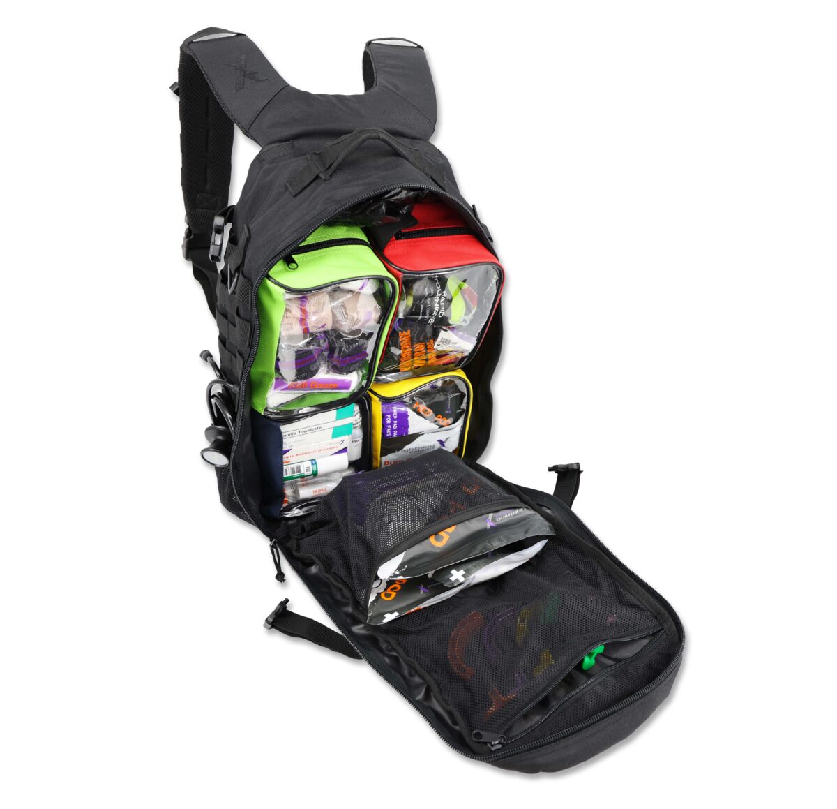 Lightning X premium tacmed molle trauma backpack kit fully stocked gear bag for ems emt first responder w/ first aid supplies including quikclot, tourniquet, israeli bandage, nasal airways and professional medical supplies with removable colored organizer pouches