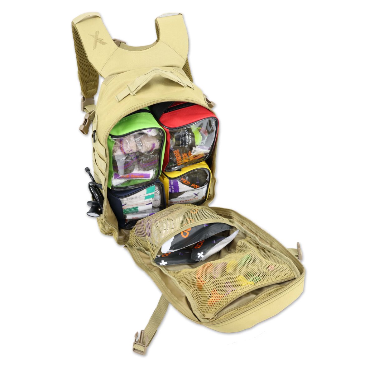 Lightning X premium tacmed molle trauma backpack kit fully stocked gear bag for ems emt first responder w/ first aid supplies including quikclot, tourniquet, israeli bandage, nasal airways and professional medical supplies - TAN